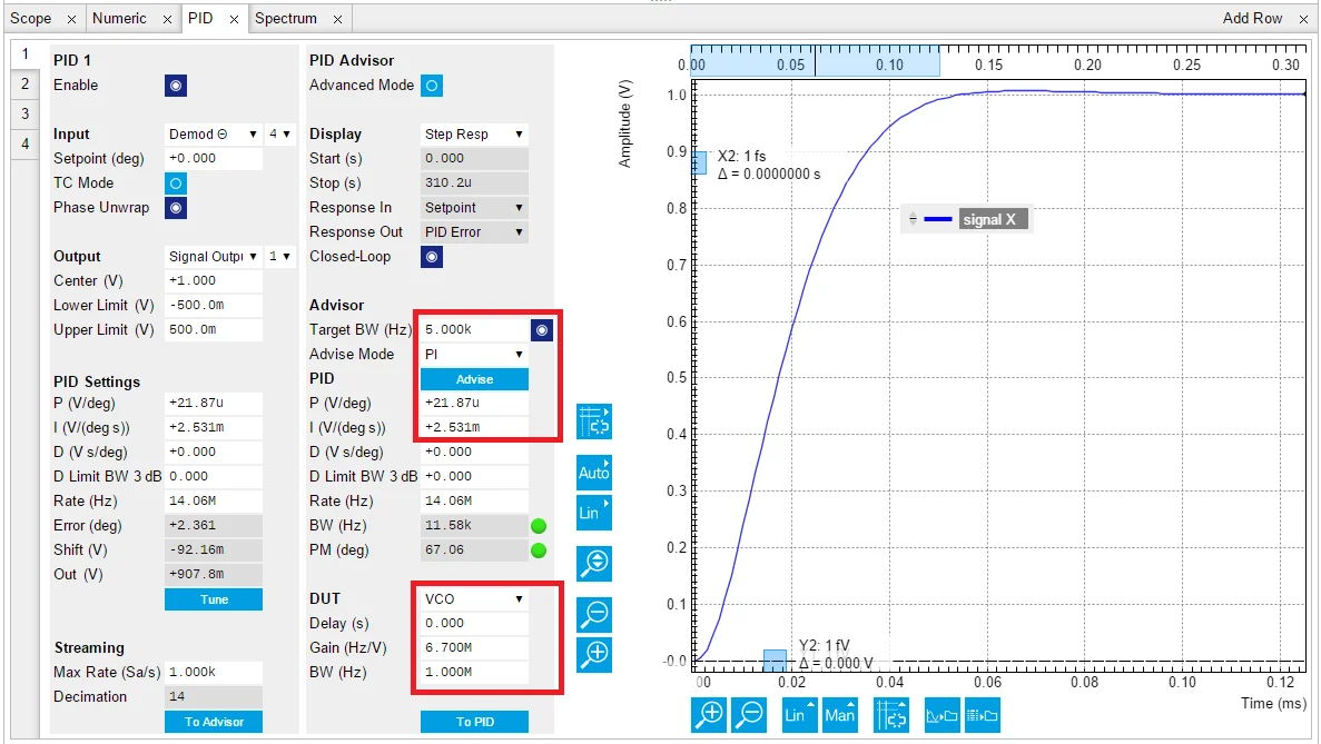 PID tab after having run the PID Advisor and transferred the P and I parameters to the PID controller