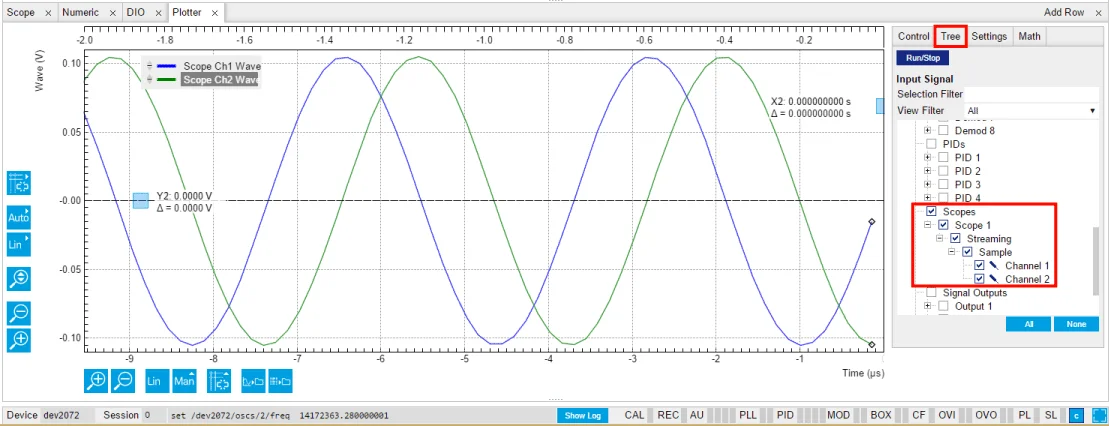 Enabling the display of streamed scope data in the LabOne Plotter.