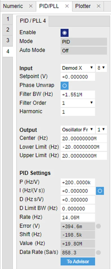 Figure 2: PID settings to output a modulated frequency