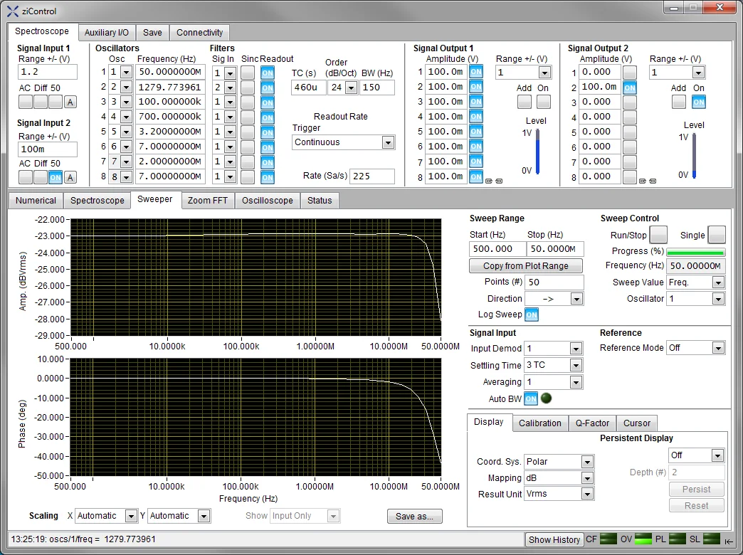 Screenshot of the Sweeper Tab in ziControl for the HF2IS Impedance Spectroscope