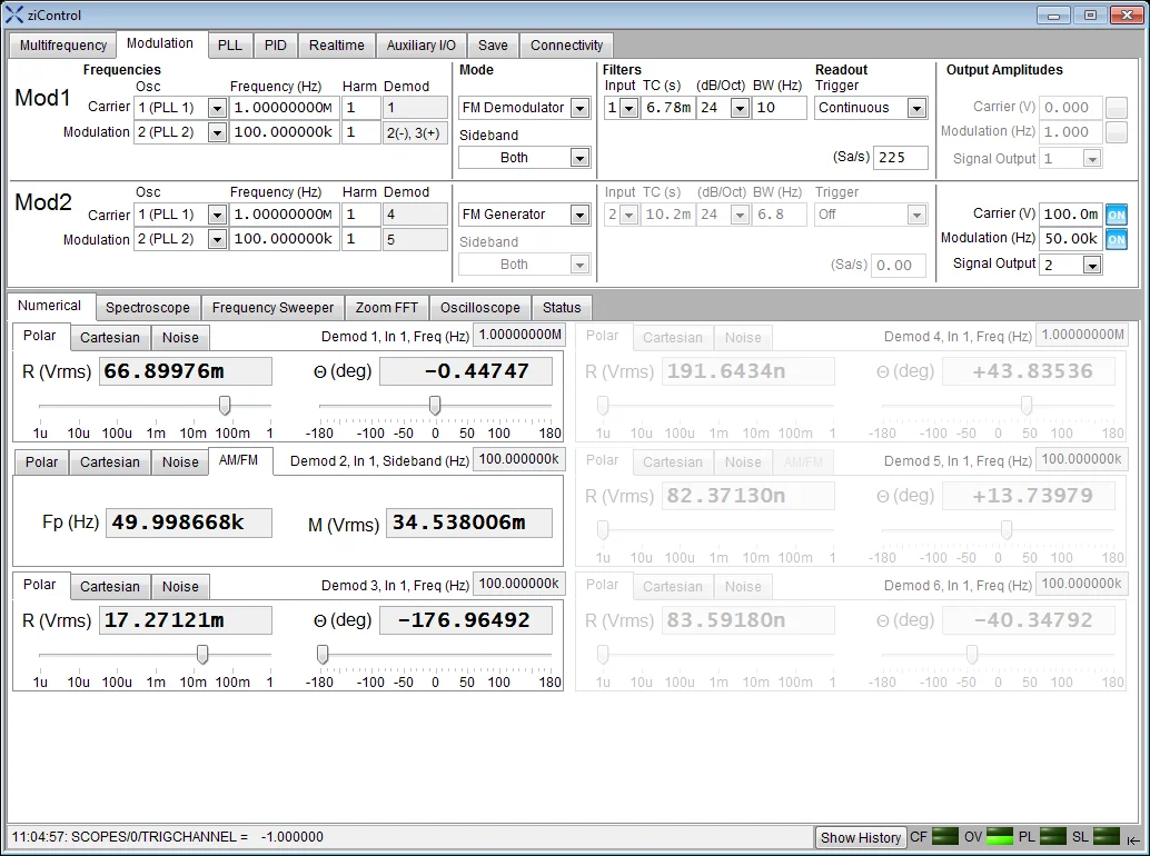Screenshot of the Numerical Tab in ziControl for the HF2LI Lock-in Amplifier