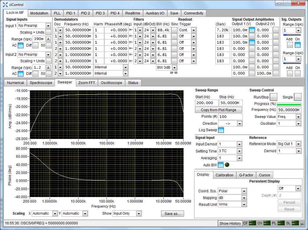 Screenshot of the Sweeper Tab in ziControl for the HF2LI Lock-in Amplifier